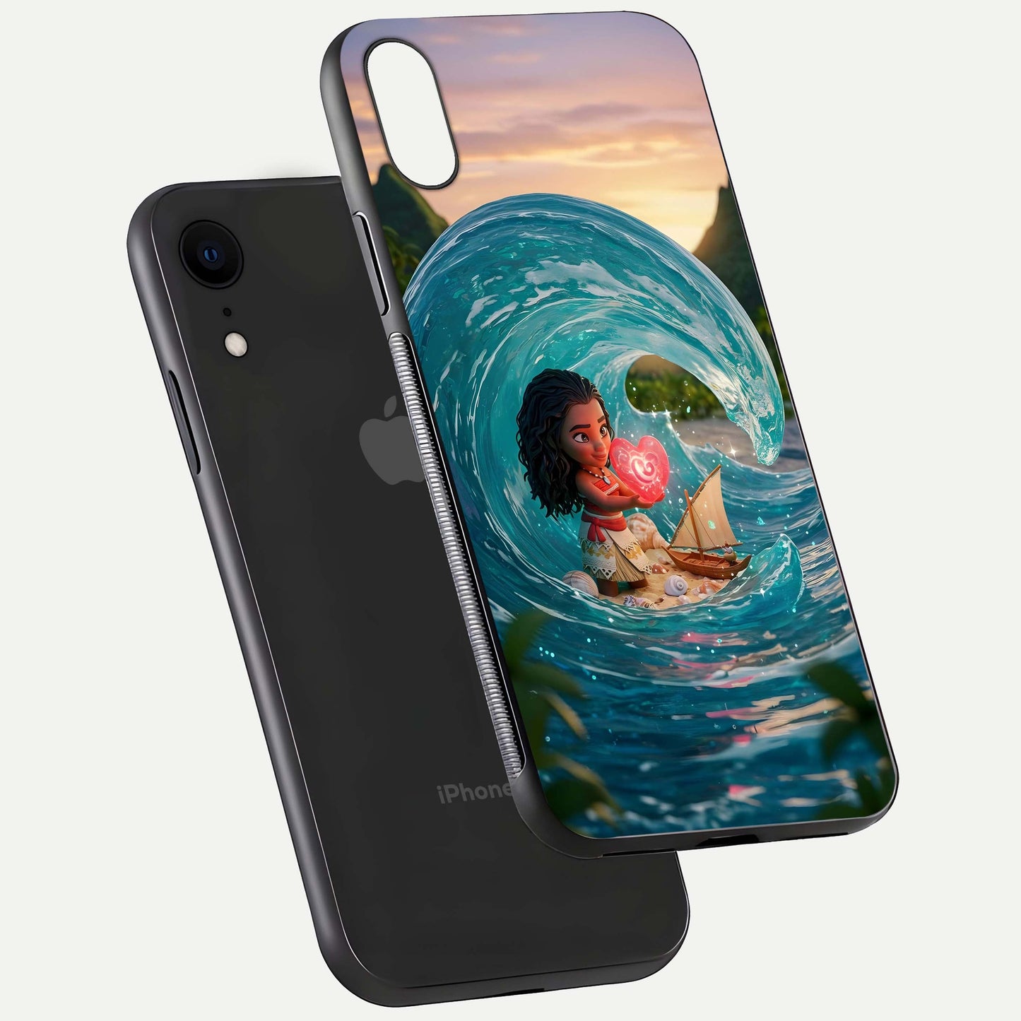 Heart of Ocean Glass Case for iPhone Xr floating dual-view mockup showing gloss surface and aquatic design