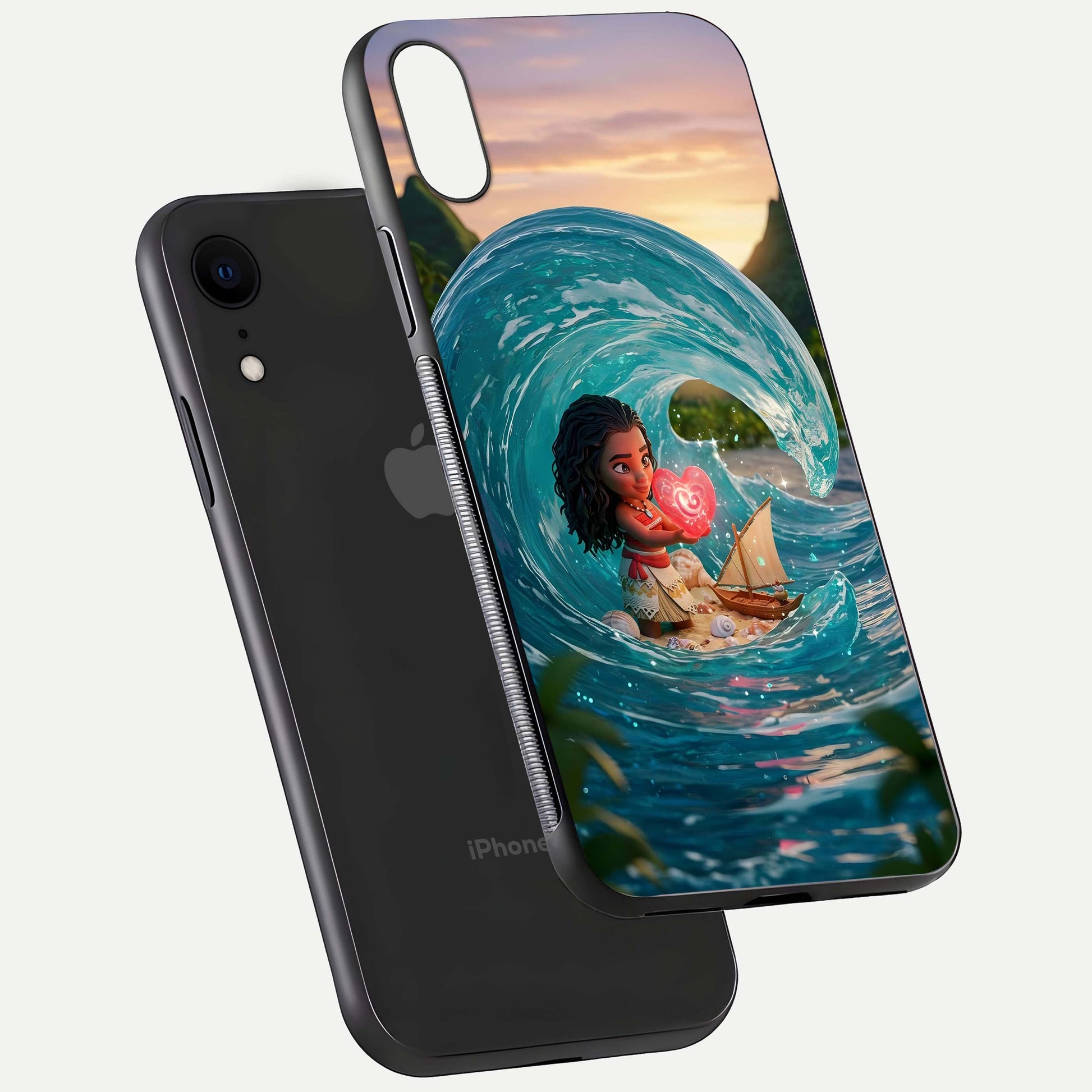Heart of Ocean Glass Case for iPhone Xr floating dual-view mockup showing gloss surface and aquatic design