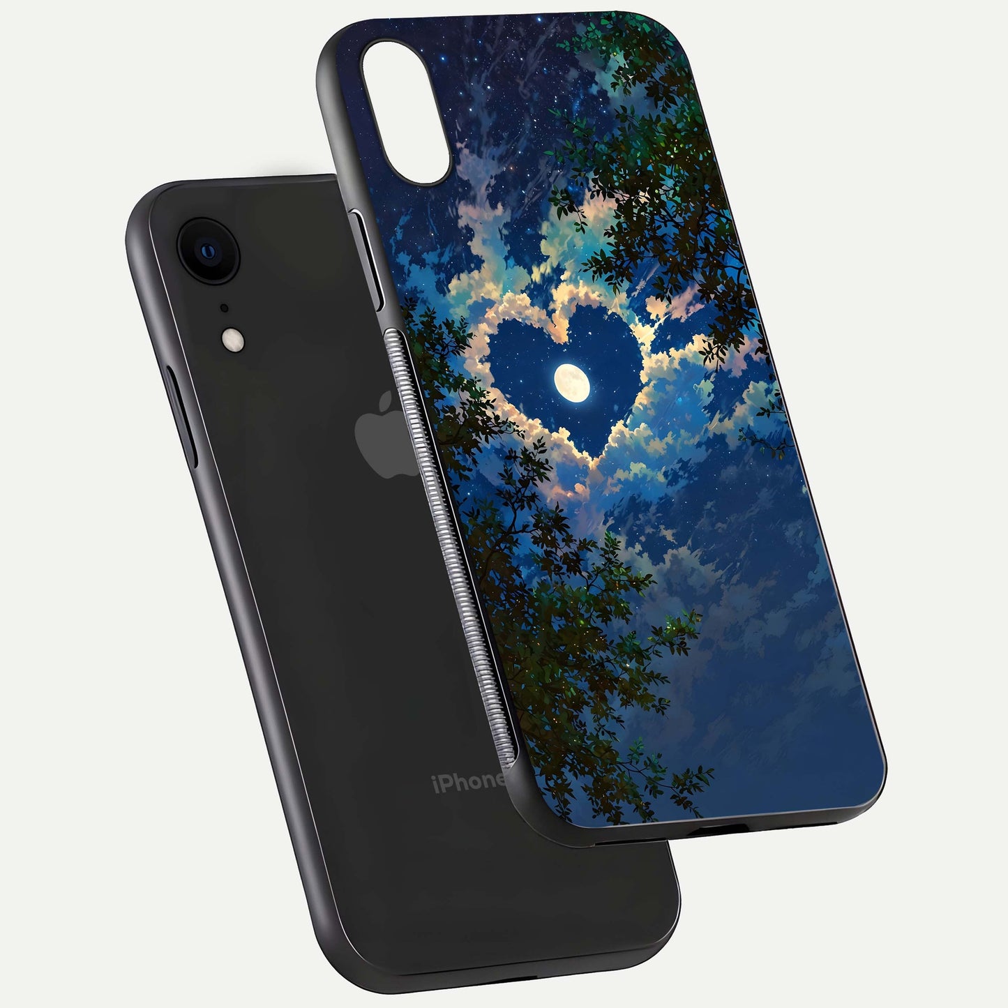 Heart with Moon Sky Glass Case for iPhone Xr floating dual-view mockup showing gloss texture and romantic sky glow