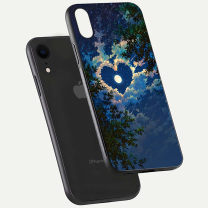 Heart with Moon Sky Glass Case for iPhone Xr floating dual-view mockup showing gloss texture and romantic sky glow
