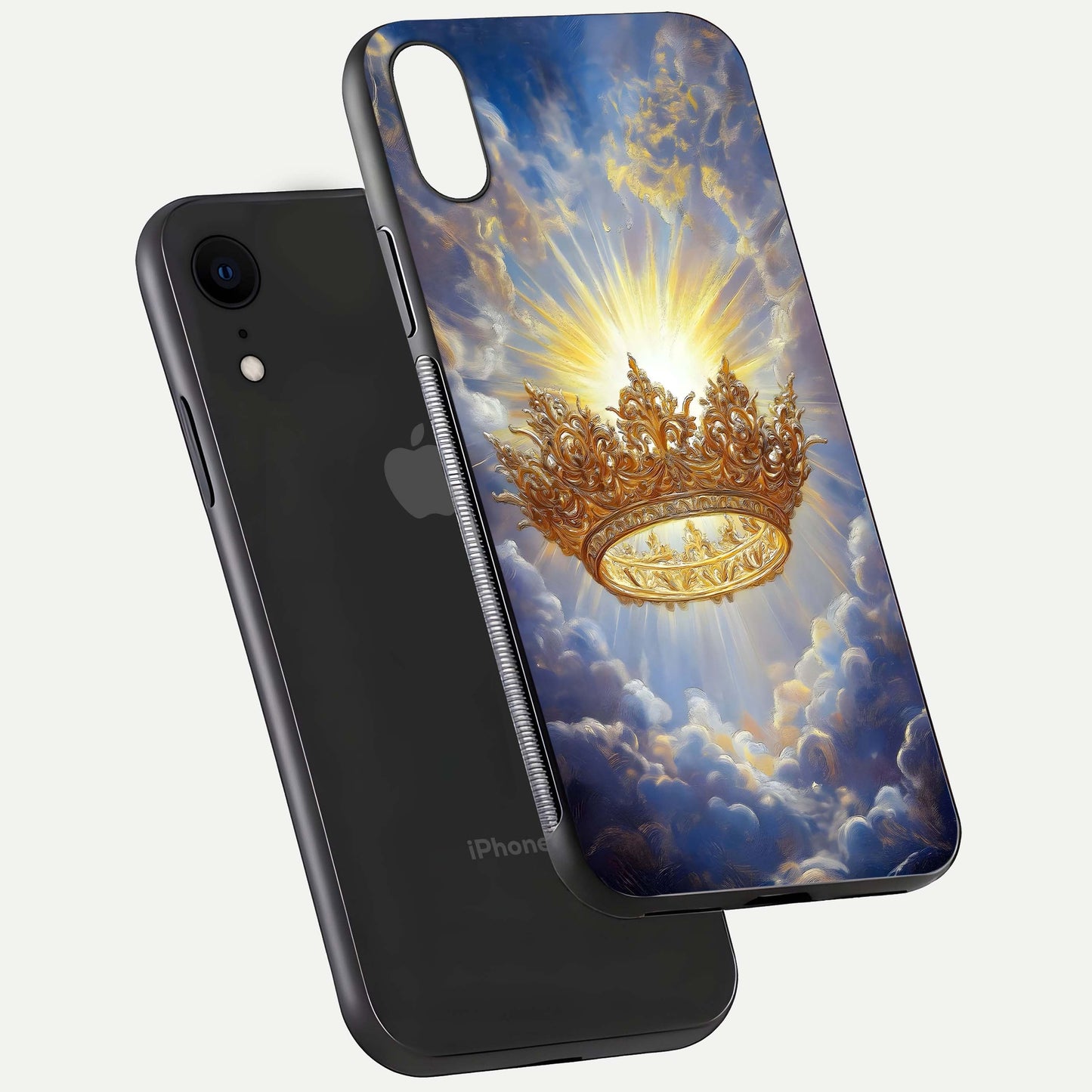 Heavenly Crown Light Glass Case for iPhone Xr floating dual-view mockup showing gloss shine and luminous crown texture