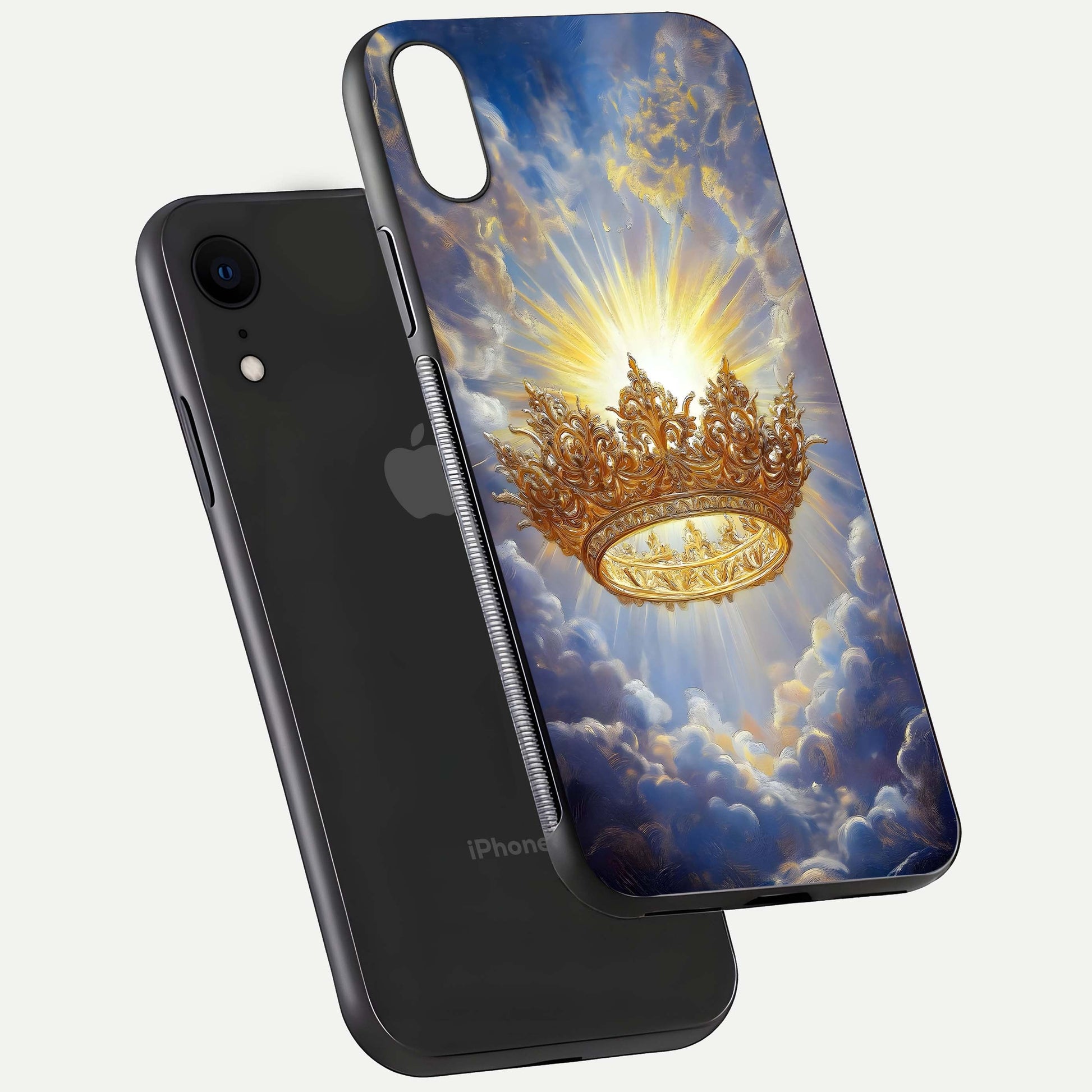 Heavenly Crown Light Glass Case for iPhone Xr floating dual-view mockup showing gloss shine and luminous crown texture