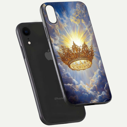 Heavenly Crown Light Glass Case for iPhone Xr floating dual-view mockup showing gloss shine and luminous crown texture