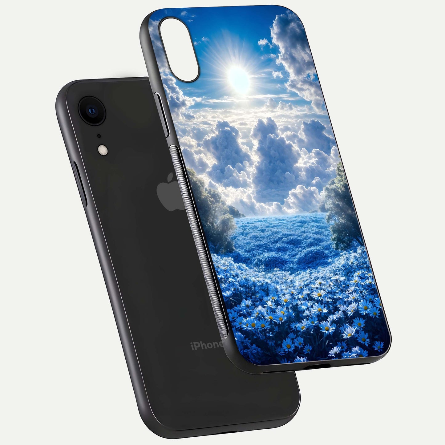 Heavenly Daisy Horizon Glass Case for iPhone Xr floating dual-view mockup showing gloss polish and soft pastel background