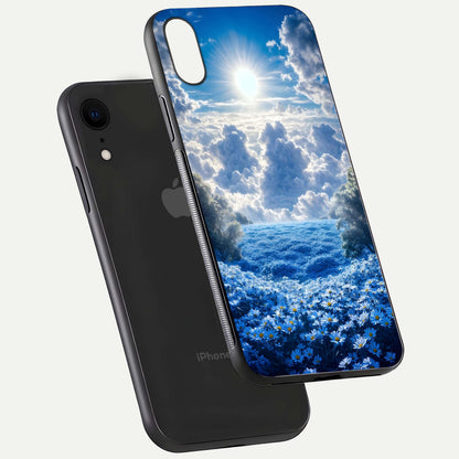 Heavenly Daisy Horizon Glass Case for iPhone Xr floating dual-view mockup showing gloss polish and soft pastel background