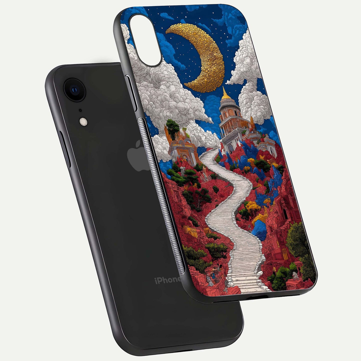 Heavenly Moon Path Glass Case for iPhone Xr floating dual-view mockup showing gloss surface and celestial pathway