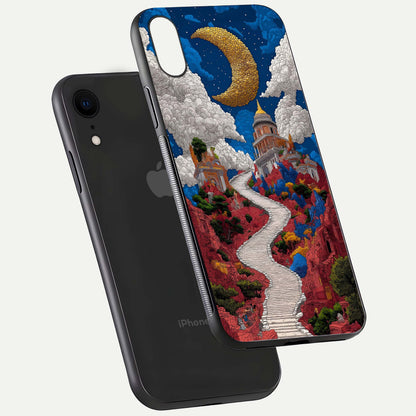 Heavenly Moon Path Glass Case for iPhone Xr floating dual-view mockup showing gloss surface and celestial pathway