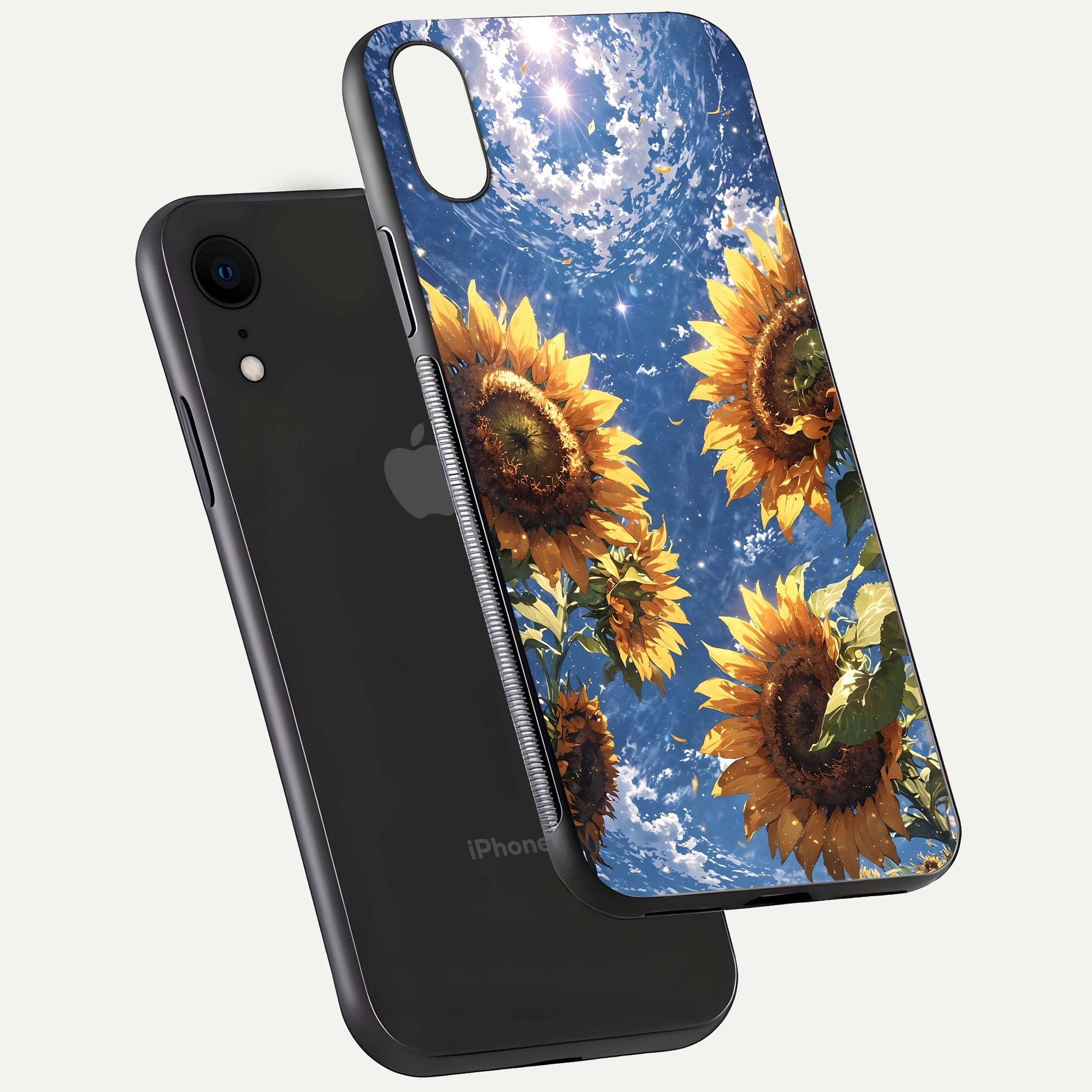 Heavenly Sunflower Rise Glass Case for iPhone Xr floating dual-view mockup showing gloss brightness and morning-light feel