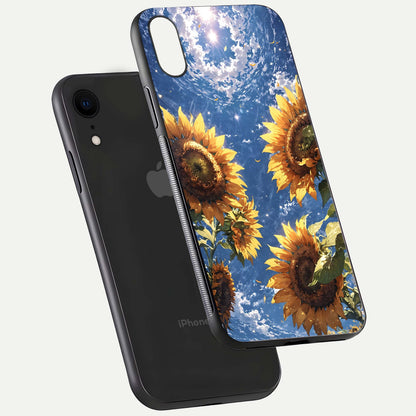 Heavenly Sunflower Rise Glass Case for iPhone Xr floating dual-view mockup showing gloss brightness and morning-light feel