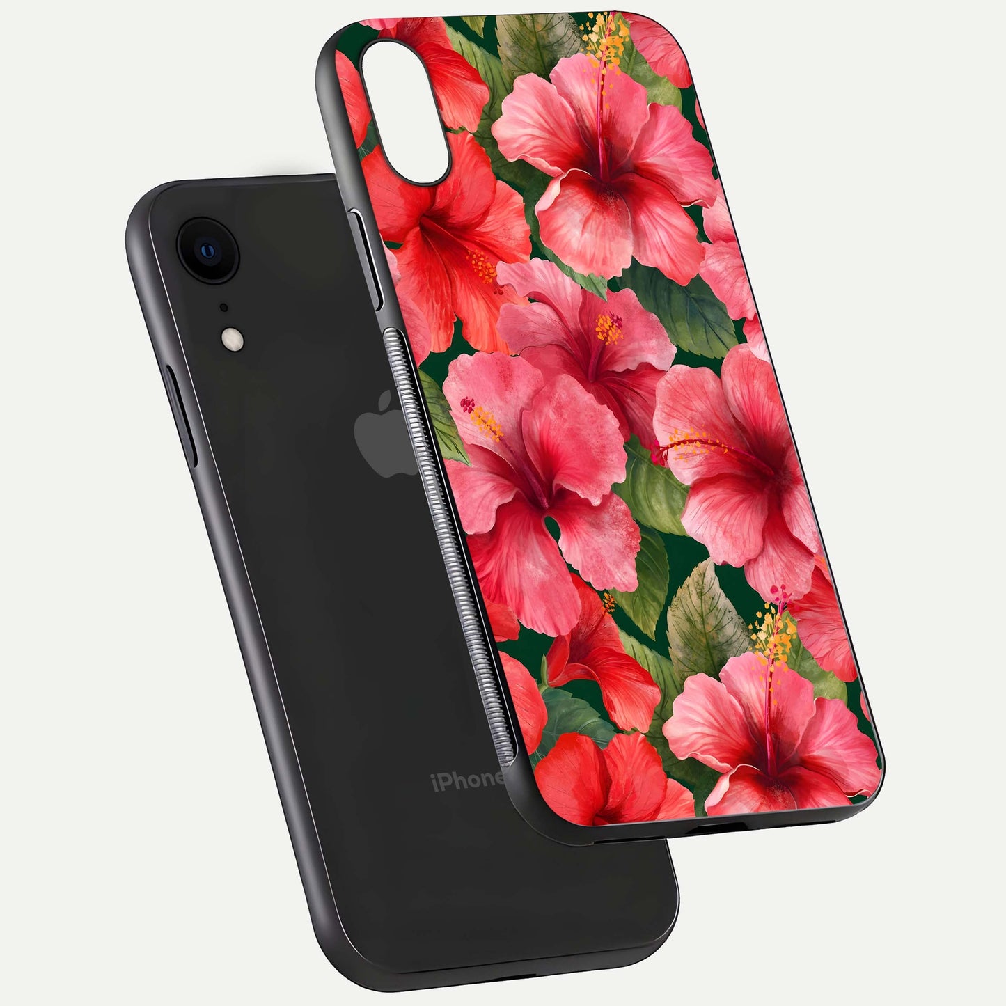 Hibiscus Pattern Glass Case for iPhone Xr floating dual-view mockup showing glossy texture and vivid color depth