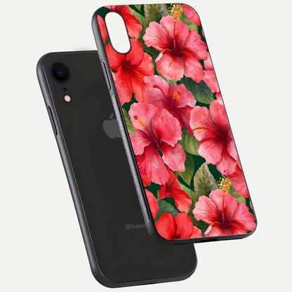 Hibiscus Pattern Glass Case for iPhone Xr floating dual-view mockup showing glossy texture and vivid color depth