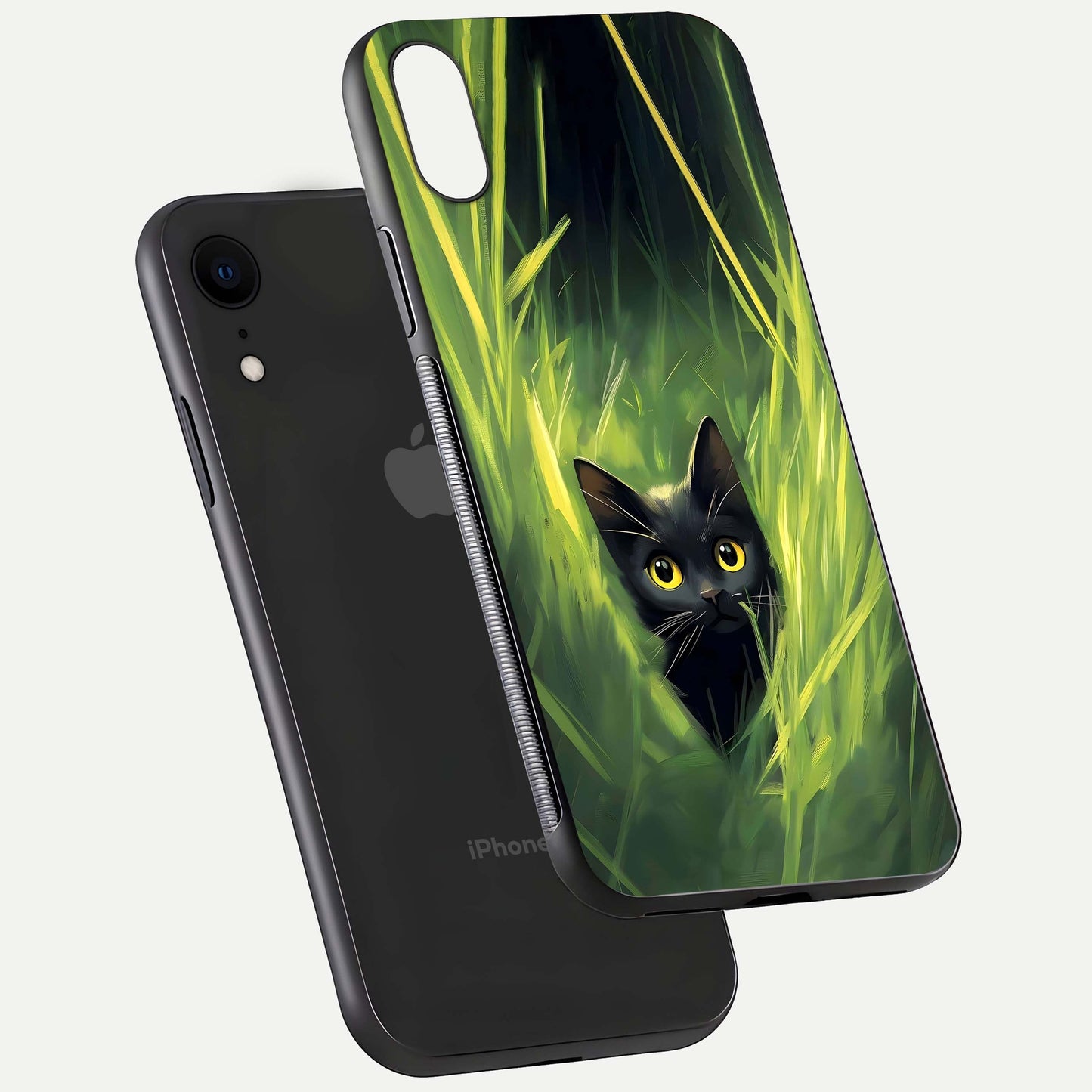 Hidden Cat Whisper Glass Case for iPhone Xr floating dual-view mockup showing glossy tone and elegant cat silhouette