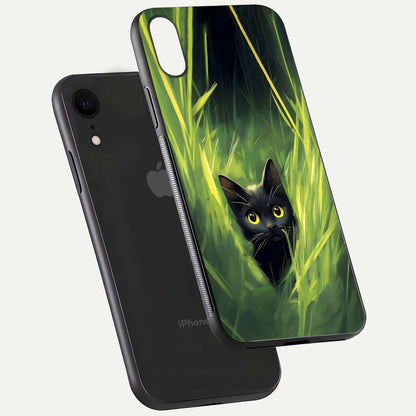 Hidden Cat Whisper Glass Case for iPhone Xr floating dual-view mockup showing glossy tone and elegant cat silhouette