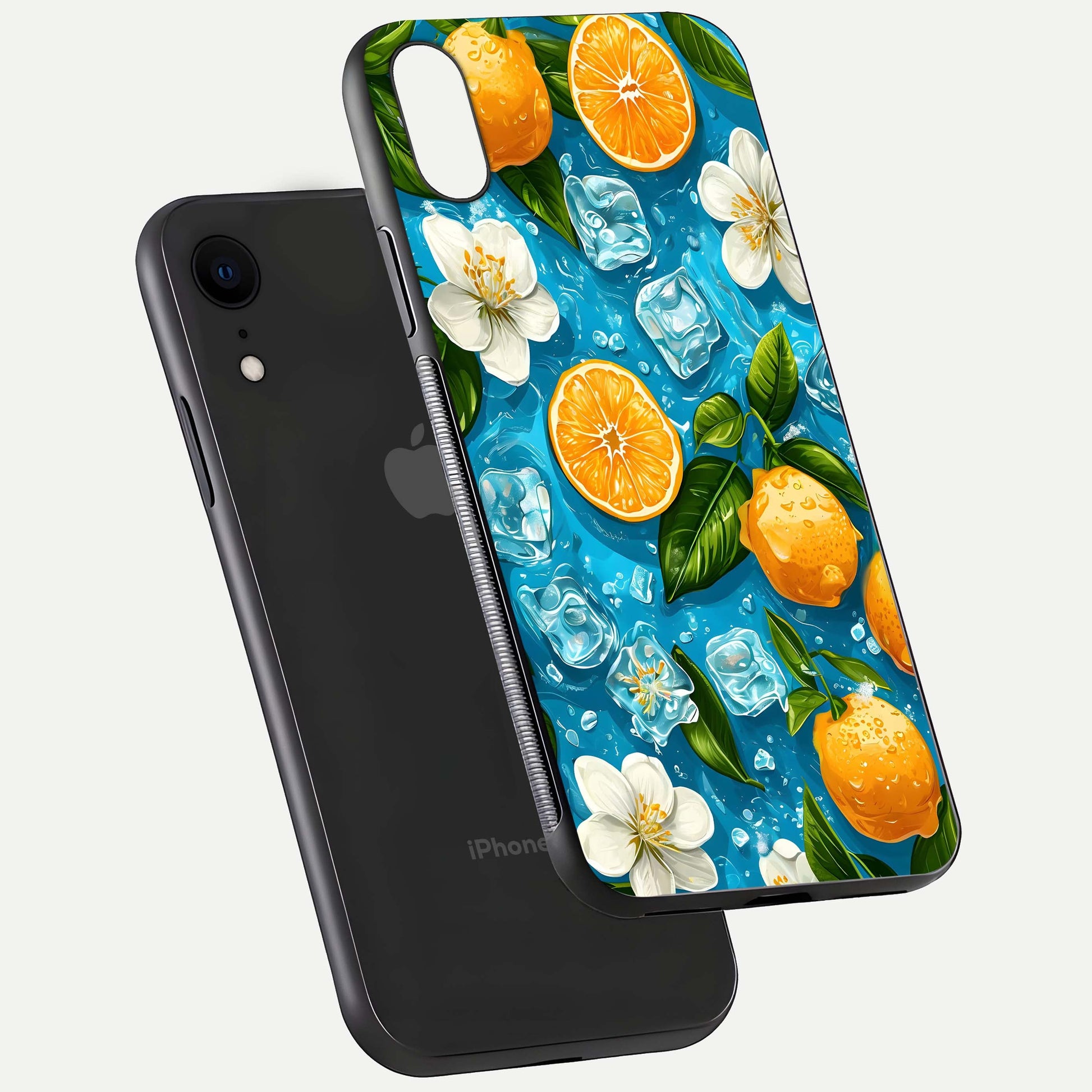 Ice Cube With Orange Glass Case for iPhone Xr floating dual-view mockup showing glossy shine and cool refreshing tone