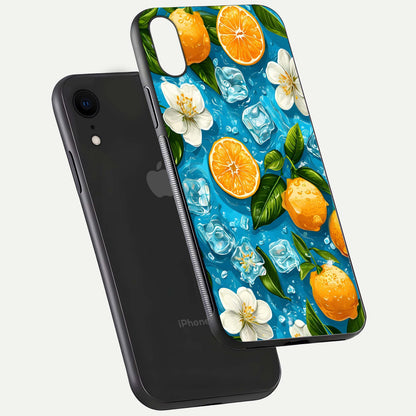 Ice Cube With Orange Glass Case for iPhone Xr floating dual-view mockup showing glossy shine and cool refreshing tone