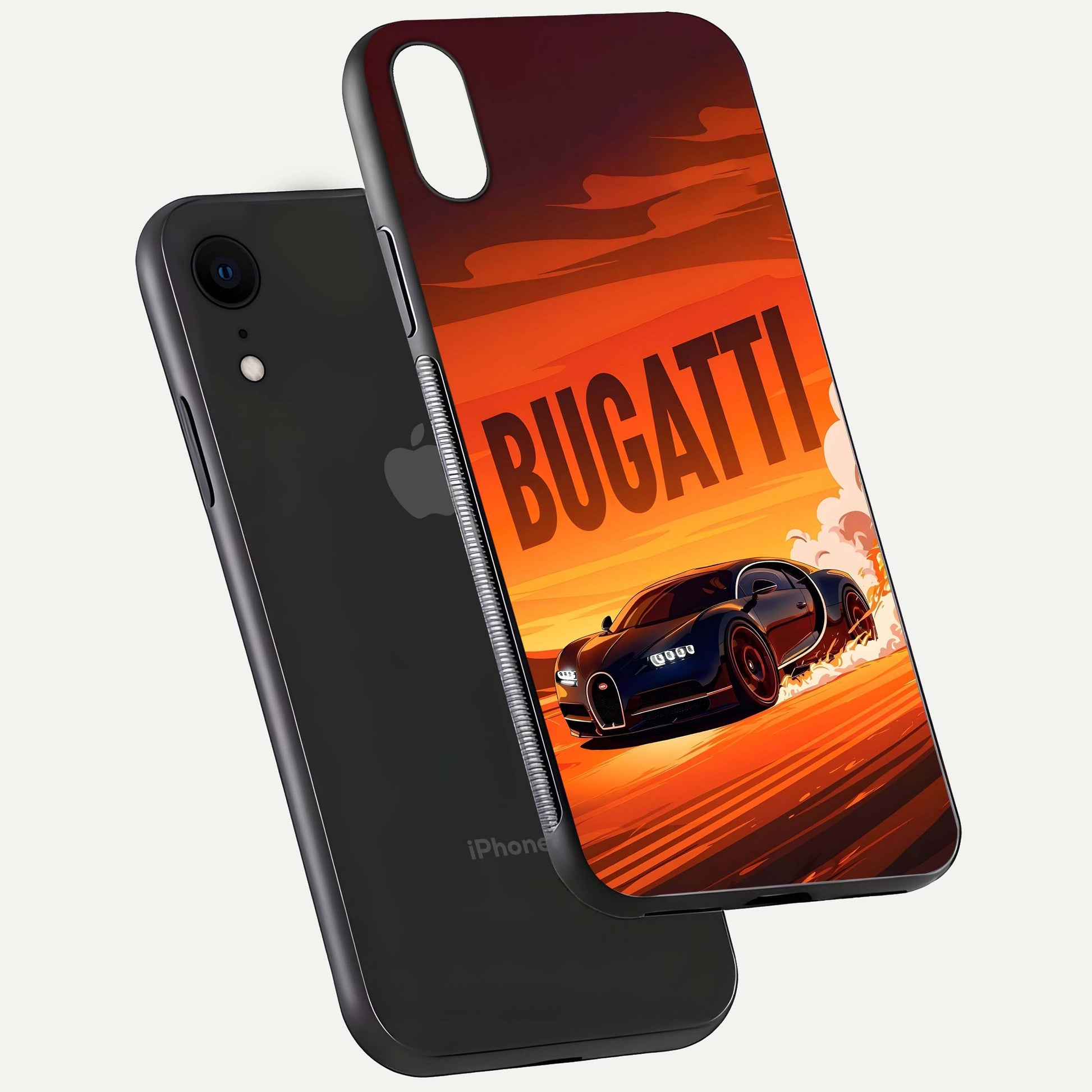 Inferno Bugatti Storm Glass Case for iPhone Xr floating dual-view mockup showing gloss surface and racing energy