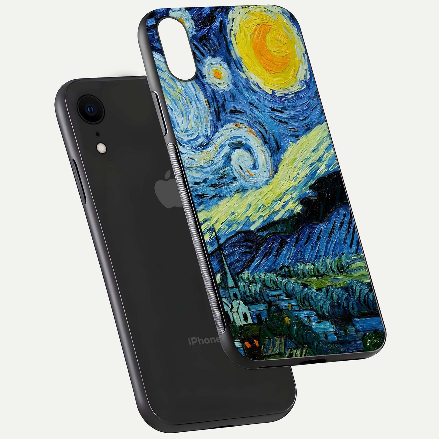 Inspired Van Gogh Art Glass Case for iPhone Xr floating dual-view mockup showing gloss depth and artistic reflection