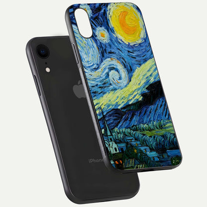 Inspired Van Gogh Art Glass Case for iPhone Xr floating dual-view mockup showing gloss depth and artistic reflection