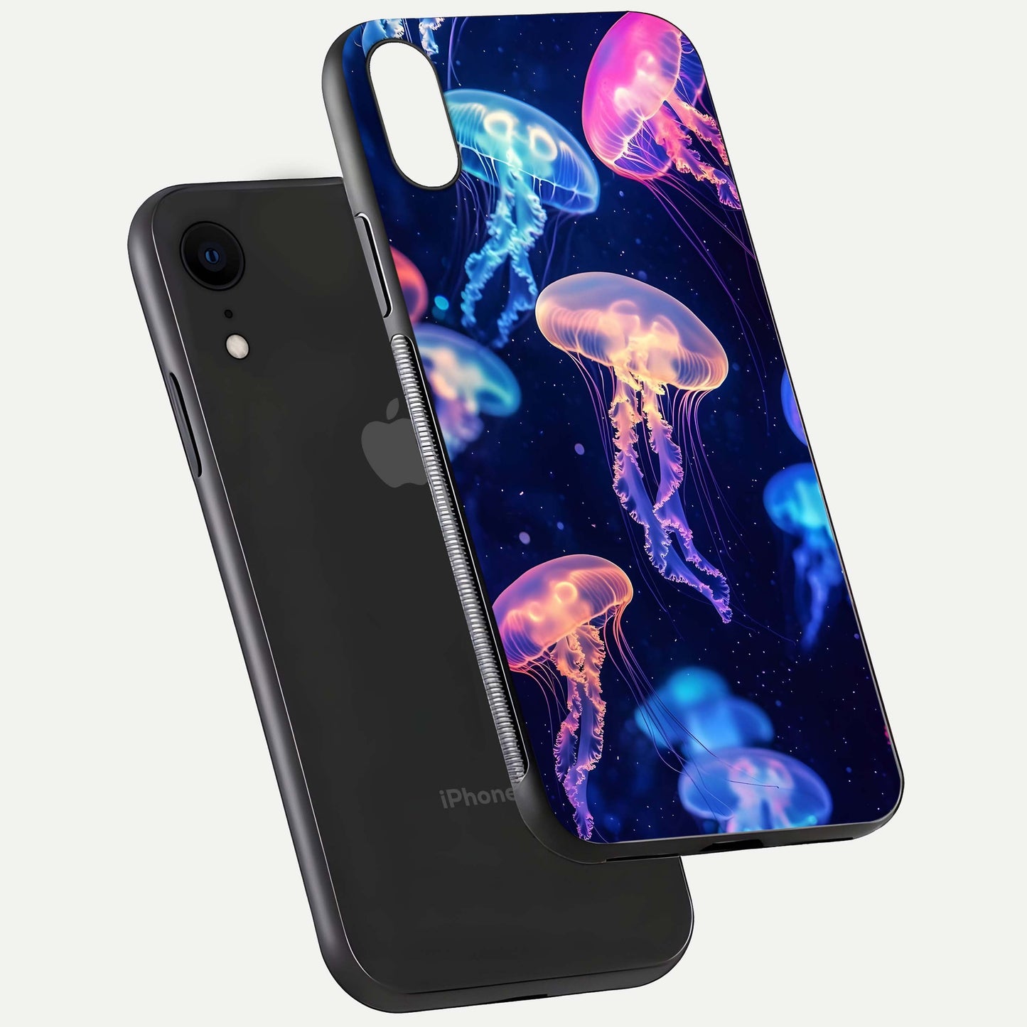 Jellyfish Pattern Glass Case for iPhone Xr floating dual-view mockup showing gloss texture and oceanic depth