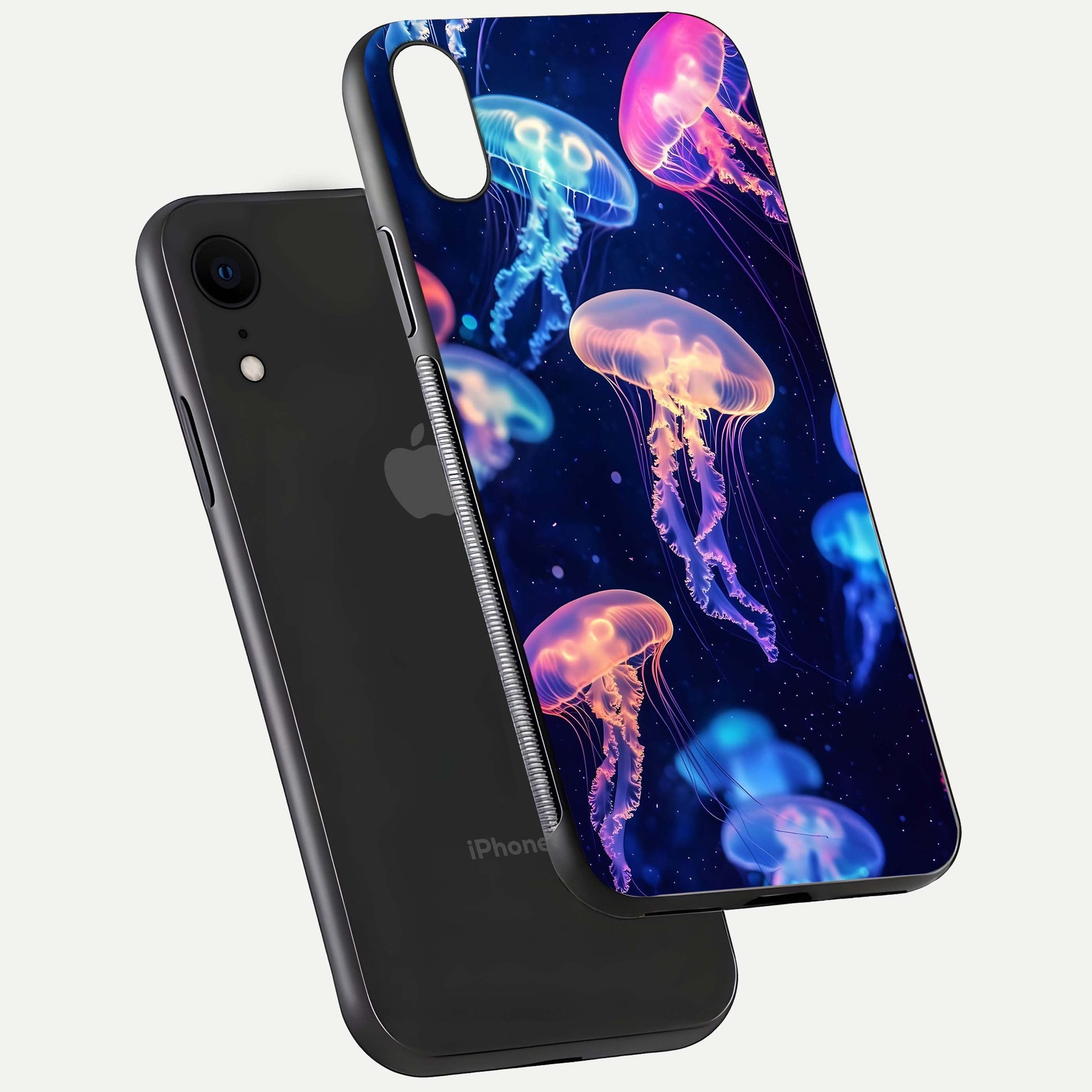 Jellyfish Pattern Glass Case for iPhone Xr floating dual-view mockup showing gloss texture and oceanic depth