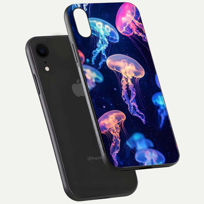 Jellyfish Pattern Glass Case for iPhone Xr floating dual-view mockup showing gloss texture and oceanic depth