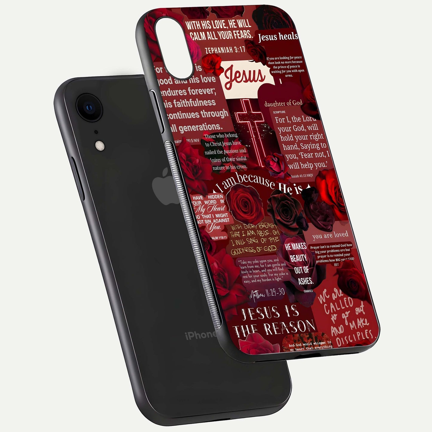 Jesus Love Heals Glass Case for iPhone Xr floating dual-view mockup showing glossy shine and faith-inspired art