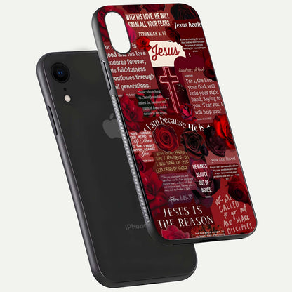 Jesus Love Heals Glass Case for iPhone Xr floating dual-view mockup showing glossy shine and faith-inspired art