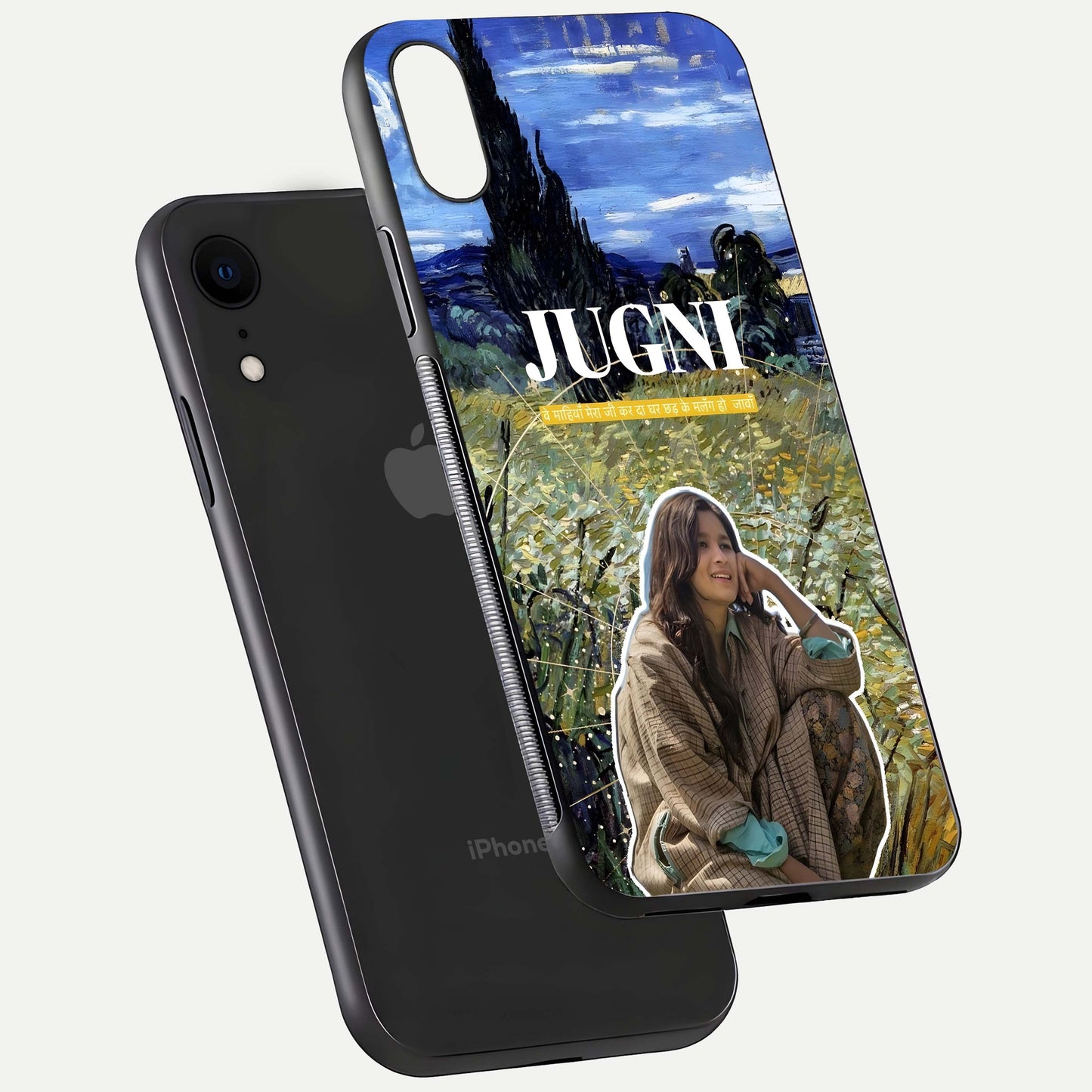 Jugni Soul Vibes Glass Case for iPhone Xr floating dual-view mockup showing gloss surface and vivid design style