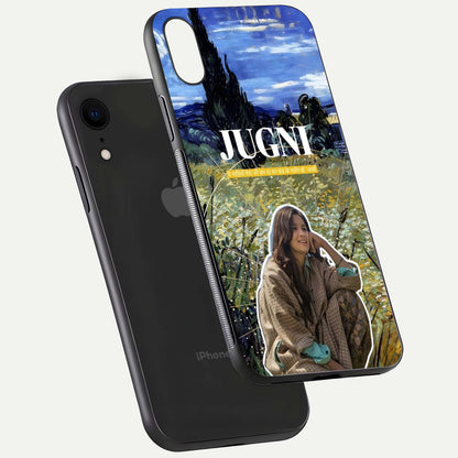 Jugni Soul Vibes Glass Case for iPhone Xr floating dual-view mockup showing gloss surface and vivid design style