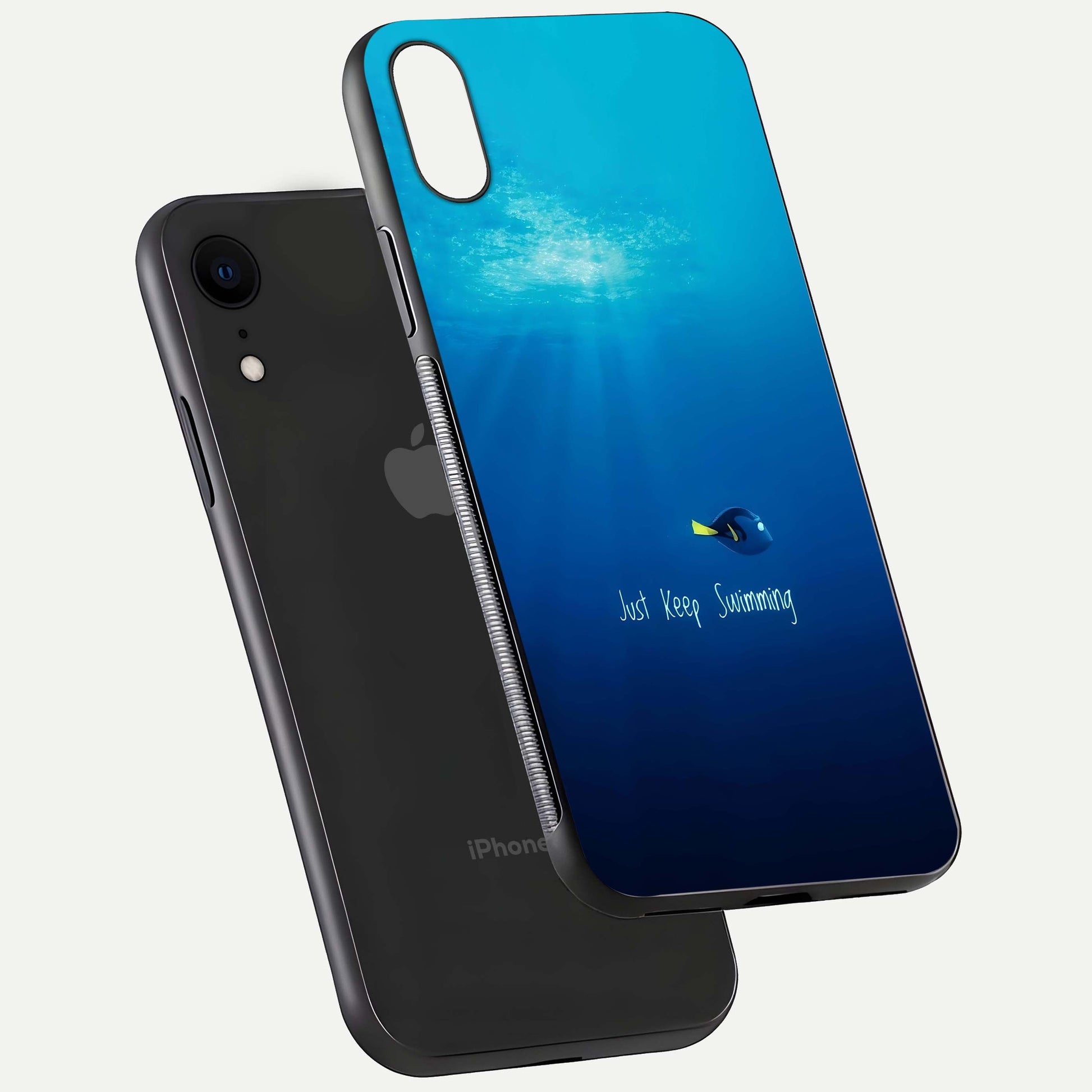 Just Keep Swimming Glass Case for iPhone Xr floating dual-view mockup showing gloss brightness and wave motif