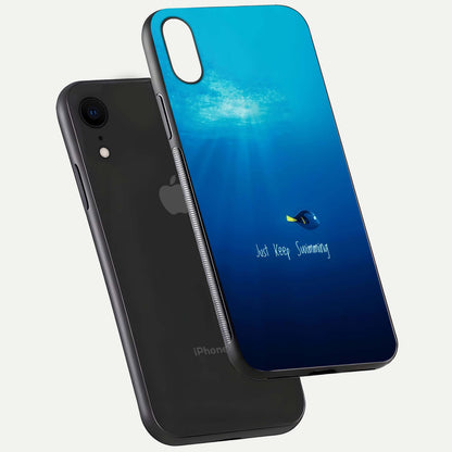 Just Keep Swimming Glass Case for iPhone Xr floating dual-view mockup showing gloss brightness and wave motif