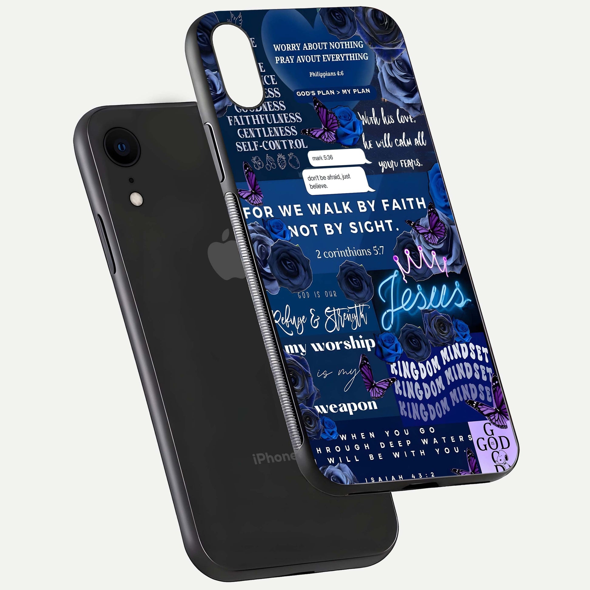 Kingdom Faith Glow Glass Case for iPhone Xr floating dual-view mockup showing premium gloss and golden aura
