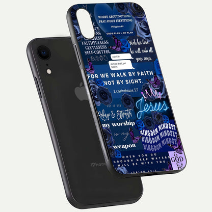 Kingdom Faith Glow Glass Case for iPhone Xr floating dual-view mockup showing premium gloss and golden aura