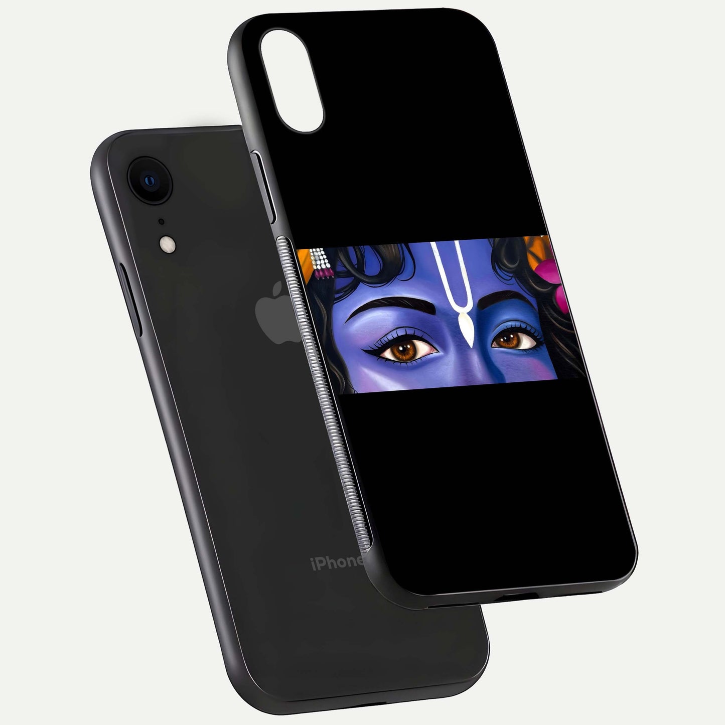 Krishna Eye Glass Case for iPhone Xr floating dual-view mockup showing gloss surface and divine art depth