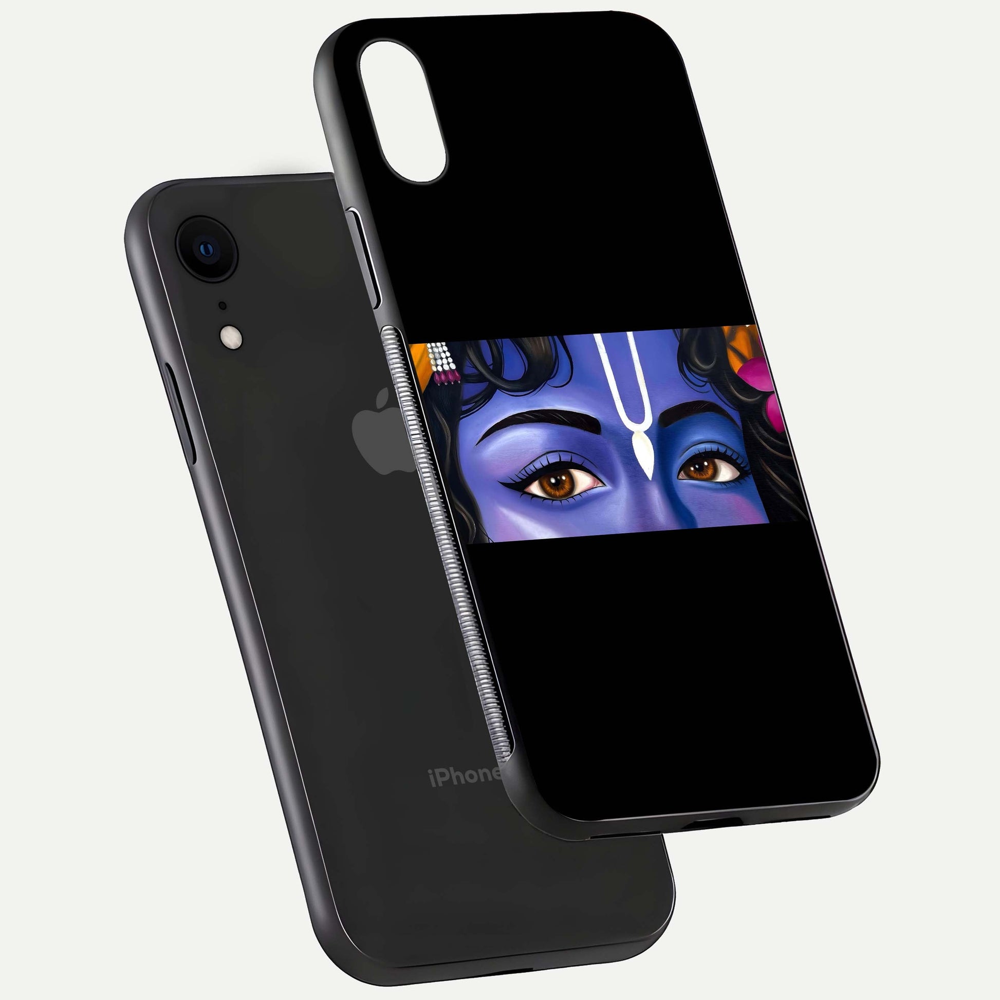 Krishna Eye Glass Case for iPhone Xr floating dual-view mockup showing gloss surface and divine art depth