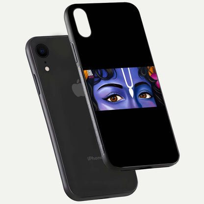 Krishna Eye Glass Case for iPhone Xr floating dual-view mockup showing gloss surface and divine art depth