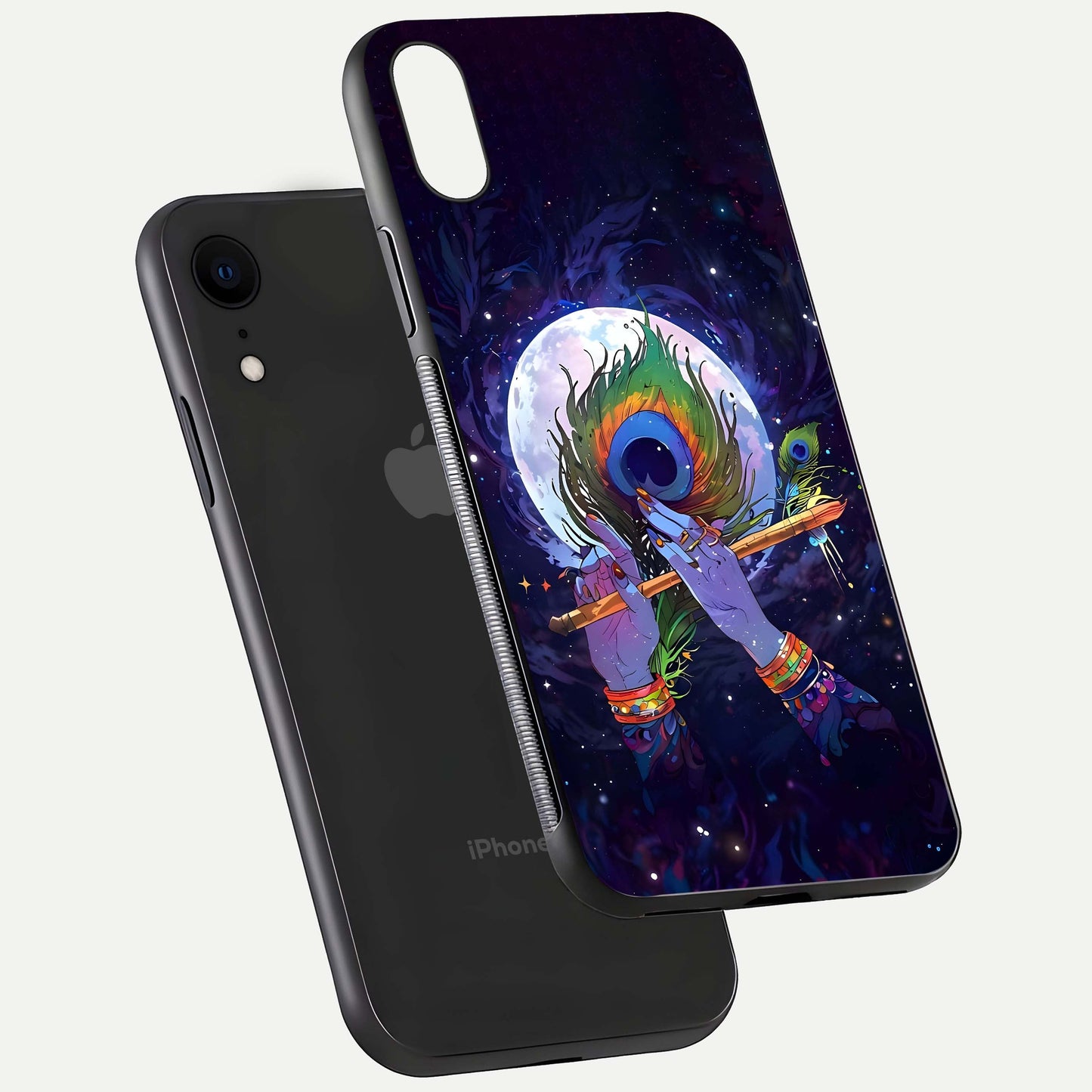 Krishna Hands Art Glass Case for iPhone Xr floating dual-view mockup showing premium gloss reflection