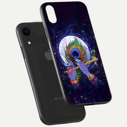 Krishna Hands Art Glass Case for iPhone Xr floating dual-view mockup showing premium gloss reflection