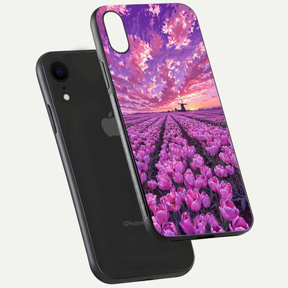 Lavender Dream Skies Glass Case for iPhone Xr floating dual-view mockup showing gloss polish and pastel design