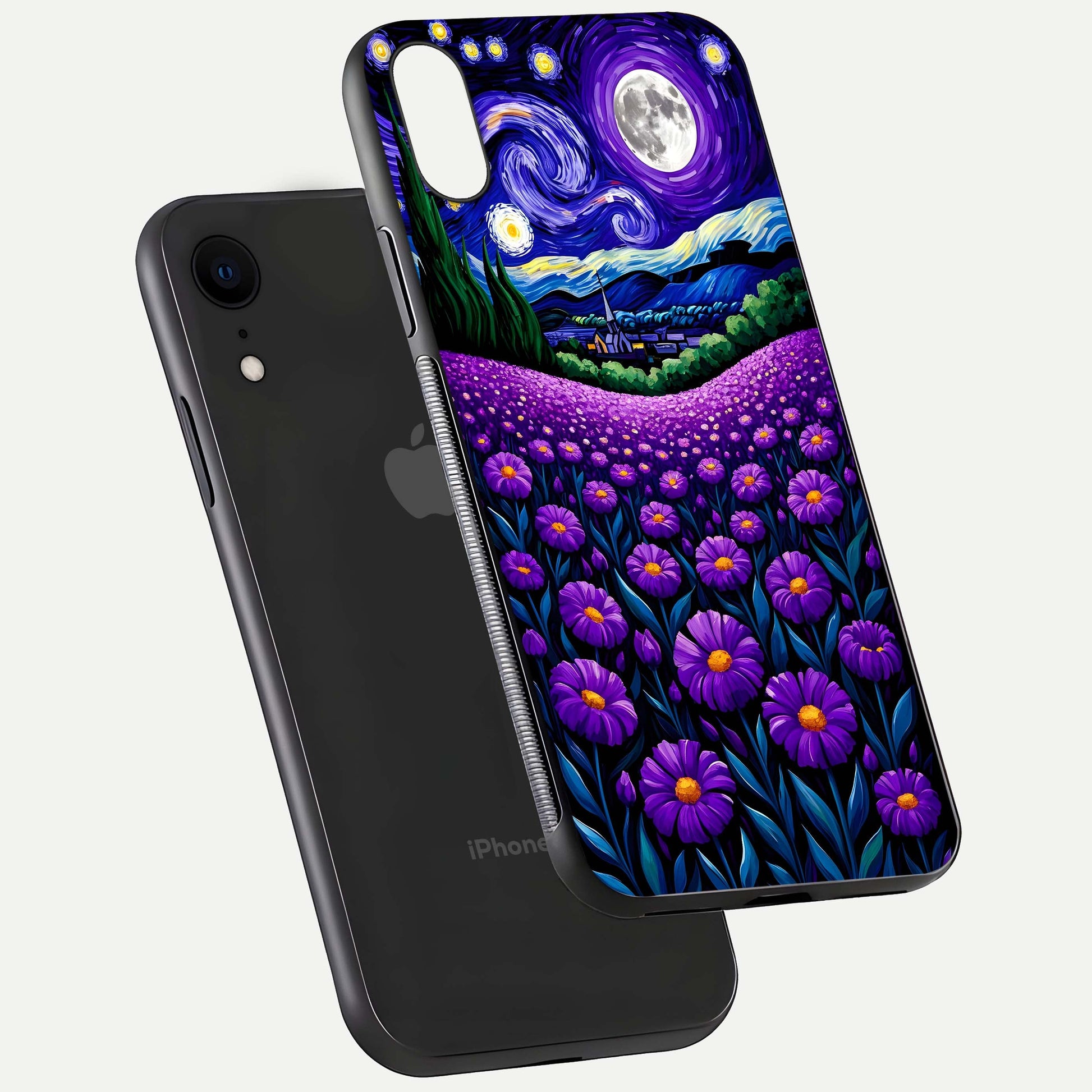 Lavender Moon Field Glass Case for iPhone Xr floating dual-view mockup showing gloss surface and floral glow