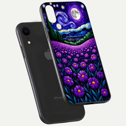 Lavender Moon Field Glass Case for iPhone Xr floating dual-view mockup showing gloss surface and floral glow