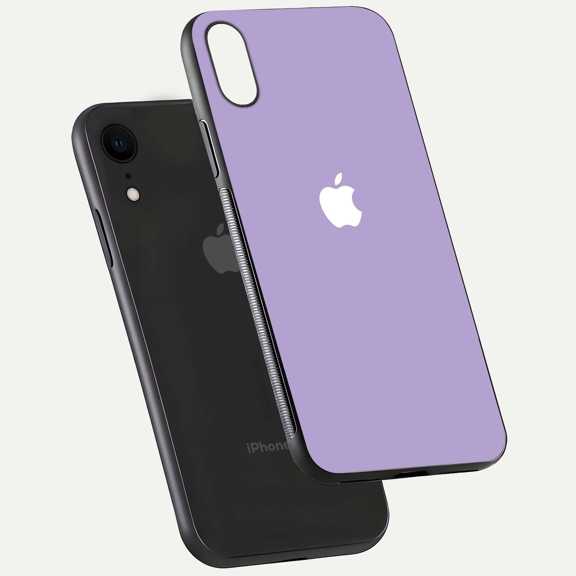 Lavender Soft Minimal Glass Case for iPhone Xr floating dual-view mockup showing gloss reflection and pastel tone