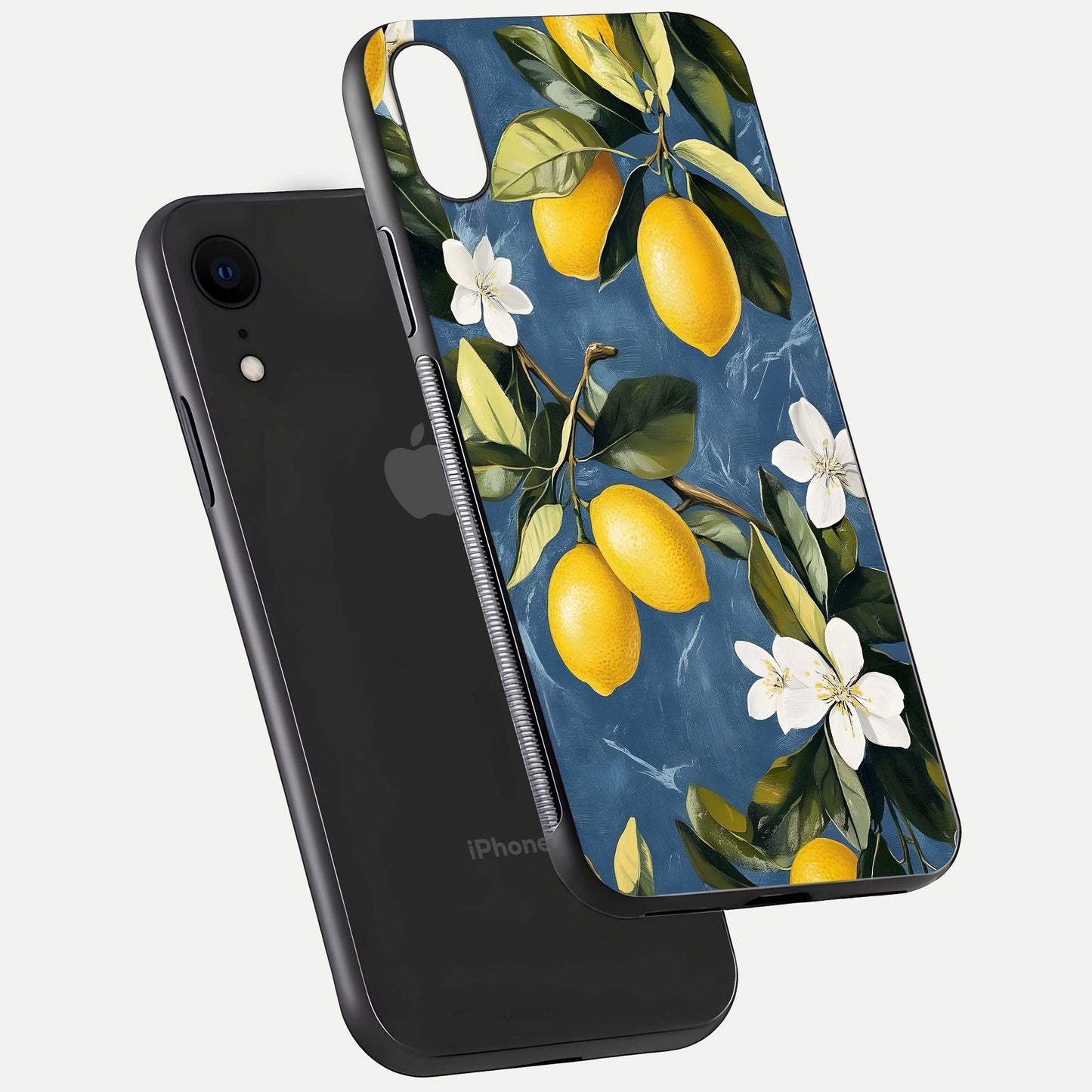 Lemon Dream Garden Glass Case for iPhone Xr floating dual-view mockup showing gloss brightness and vivid yellow print