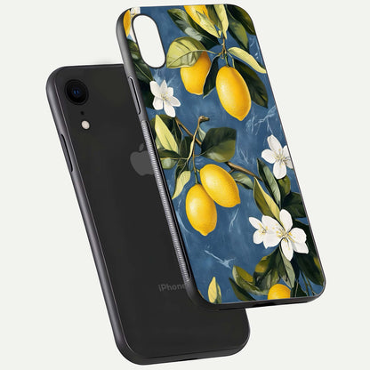 Lemon Dream Garden Glass Case for iPhone Xr floating dual-view mockup showing gloss brightness and vivid yellow print