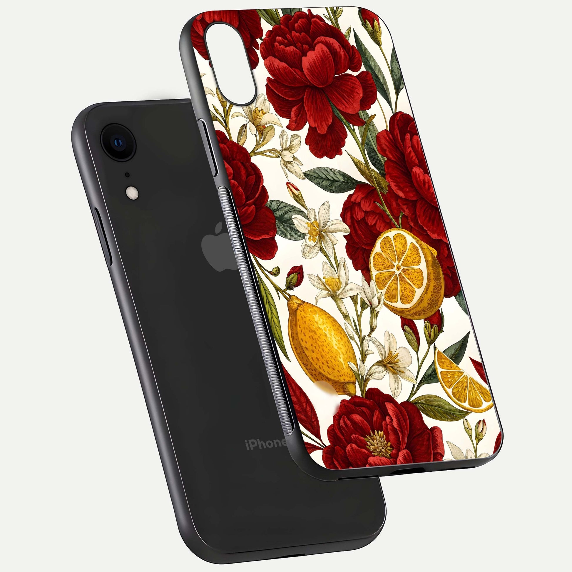 Lemon Rose Charm Glass Case for iPhone Xr floating dual-view mockup showing gloss polish and floral gradient