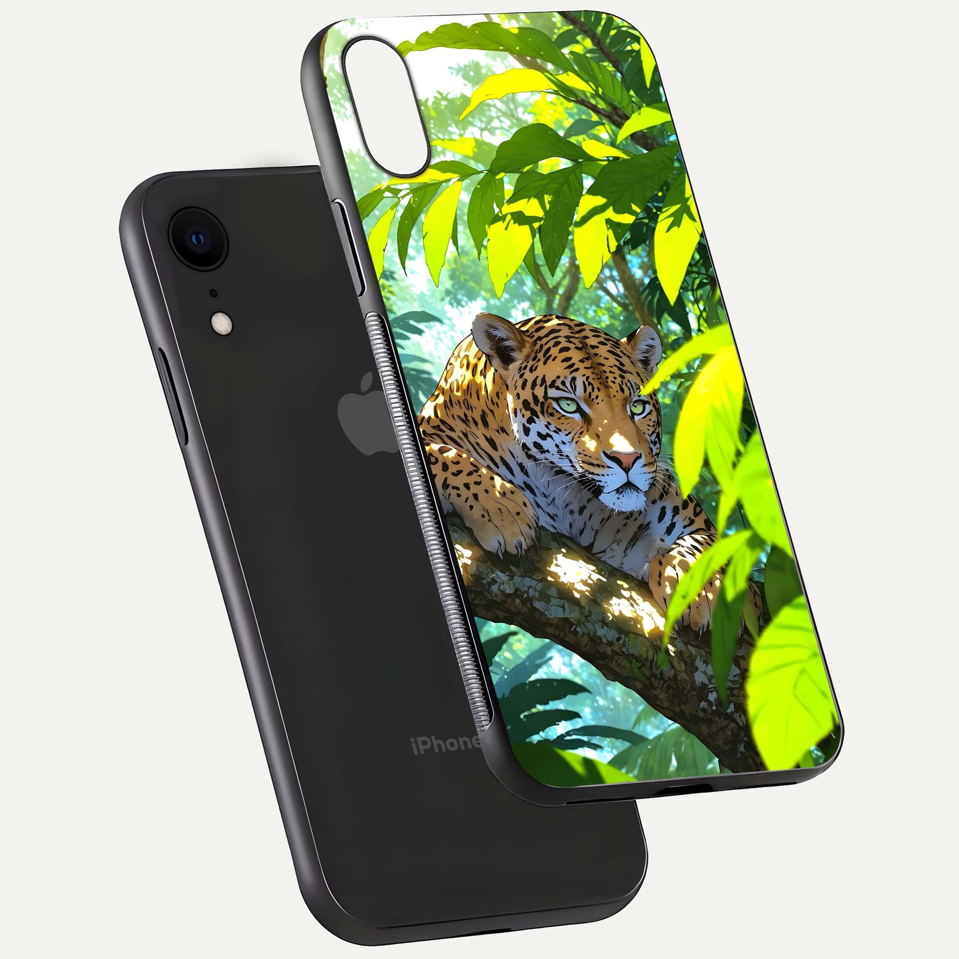 Leopard in Jungle Glass Case for iPhone Xr floating dual-view mockup showing gloss finish and HD wild pattern