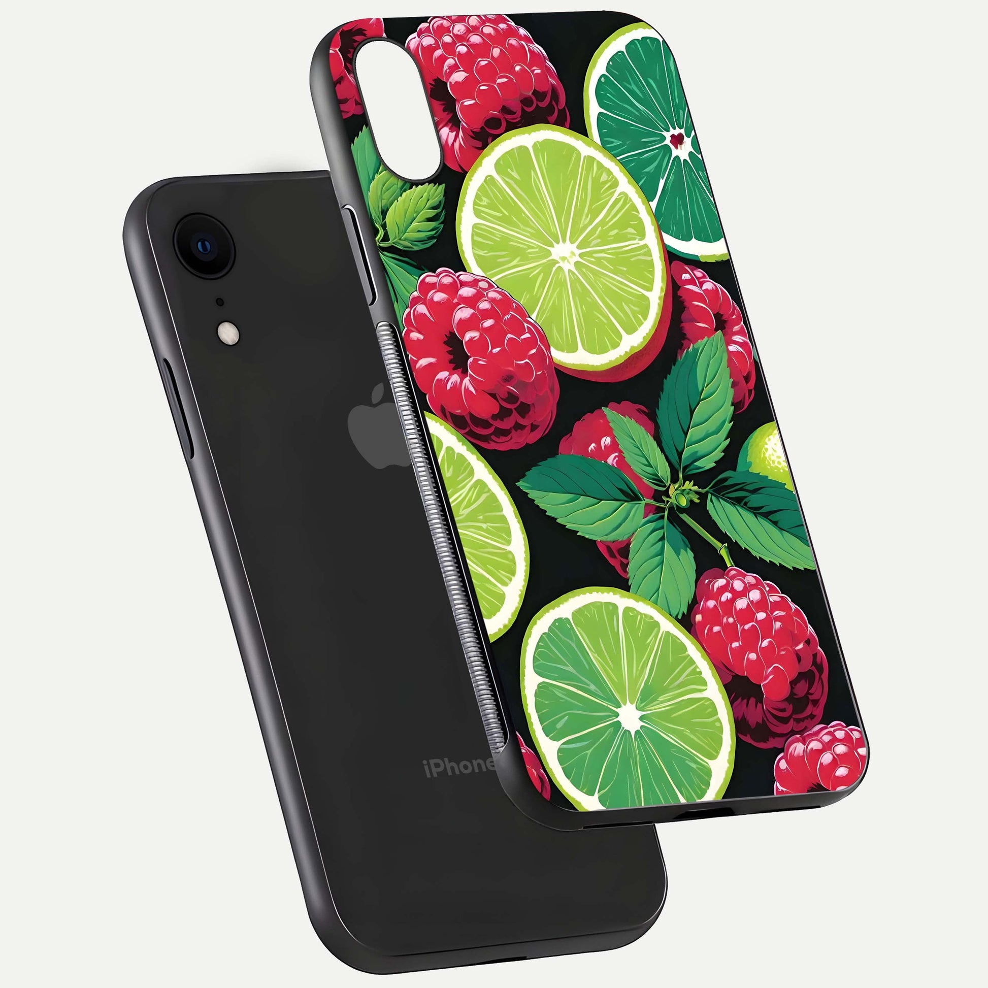 Lime and Raspberry Pattern Glass Case for iPhone Xr floating dual-view showing HD gloss and vivid print