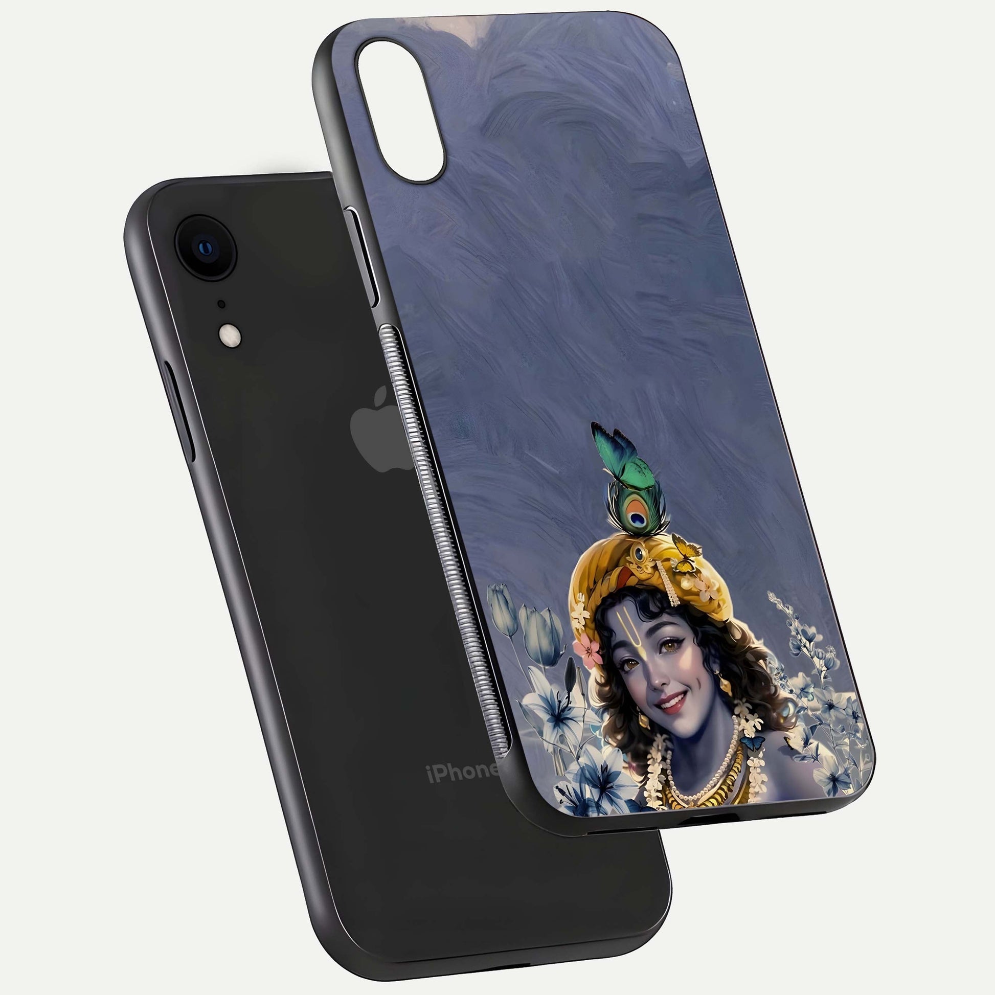 Lord Krishna Glass Case for iPhone Xr floating dual-view showing glossy shine and divine artistic pattern