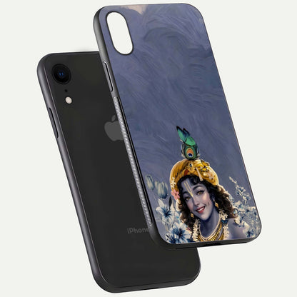 Lord Krishna Glass Case for iPhone Xr floating dual-view showing glossy shine and divine artistic pattern