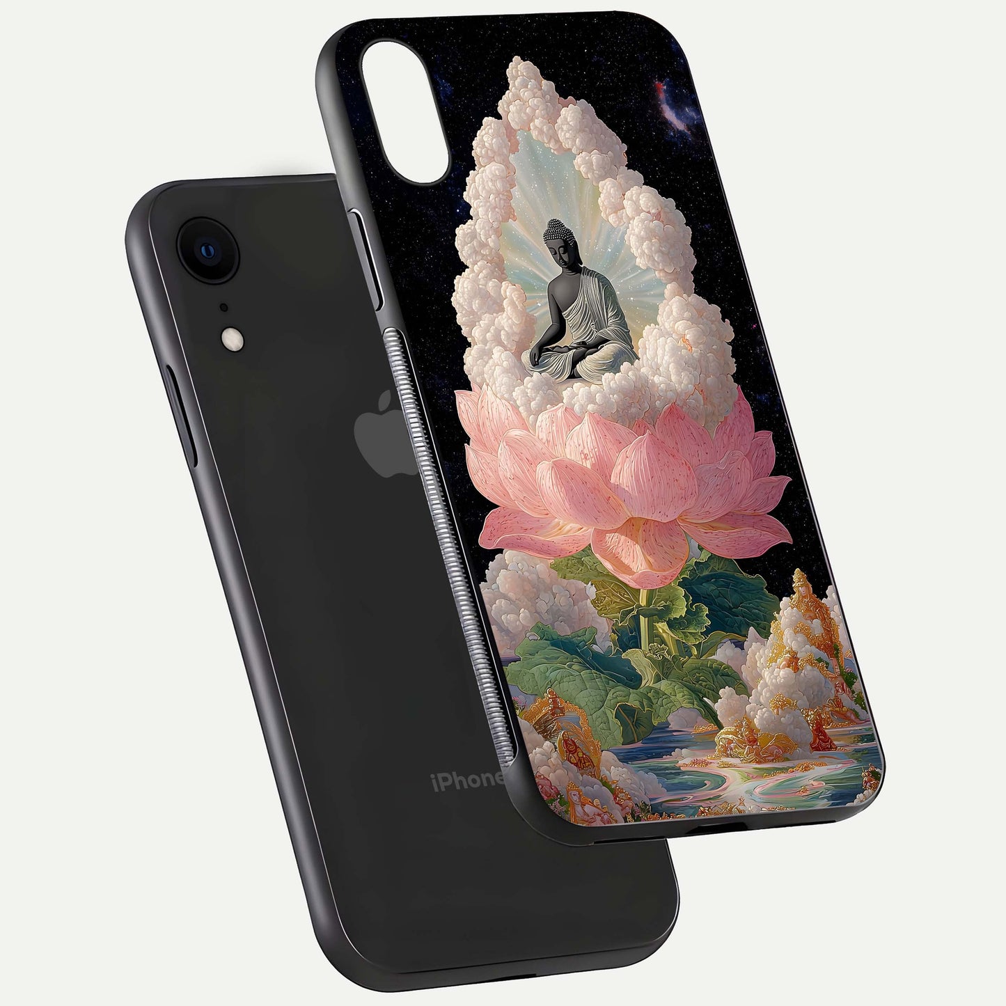 Lotus Divine Peace Glass Case for iPhone Xr floating dual-view mockup with glass glow and spiritual calm art